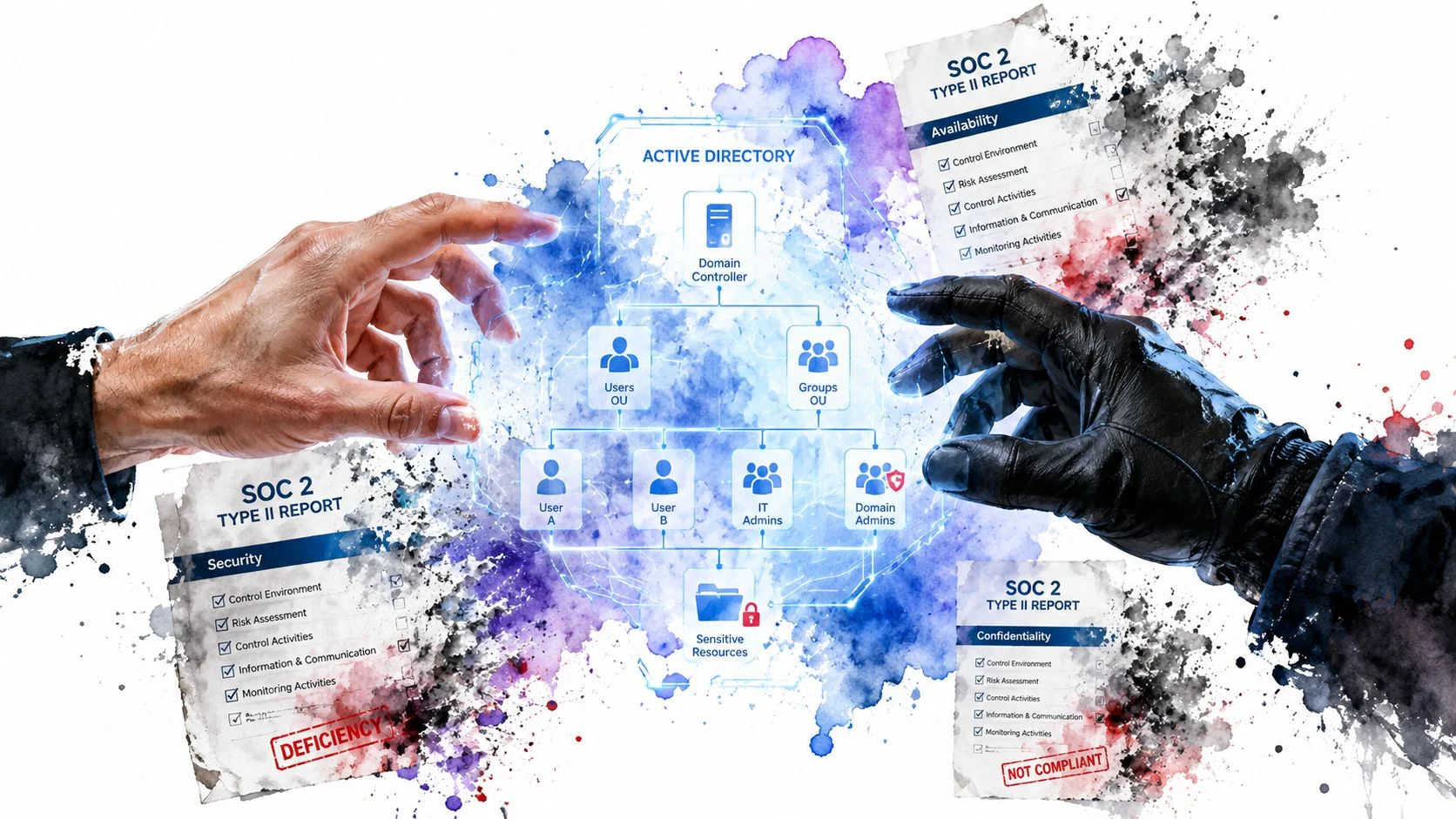 Two hands reaching towards a central Active Directory digital diagram surrounded by SOC 2 report documents.