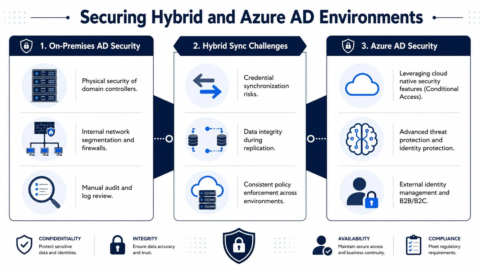 A diagram outlining security strategies for hybrid environments including on-premises, sync challenges, and Azure AD security.