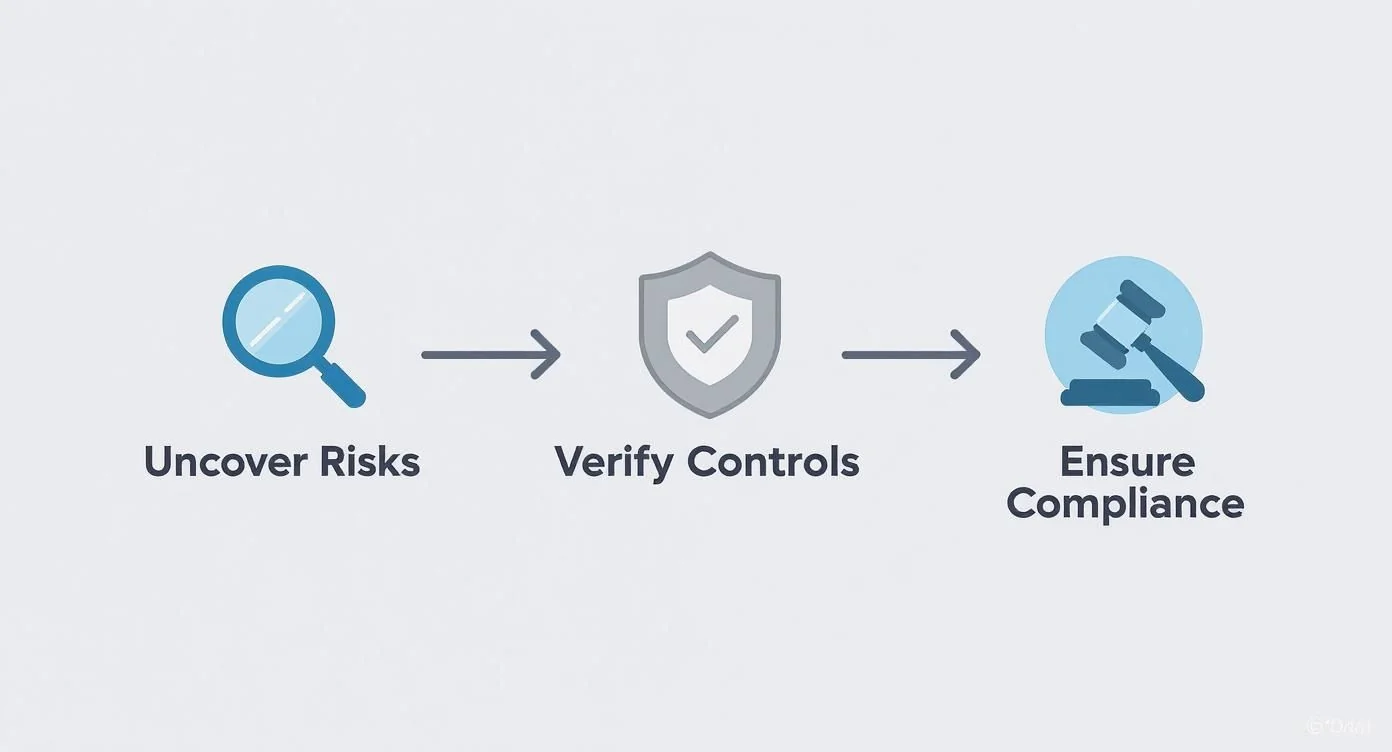 A three-step diagram showing uncover risks, verify controls, and ensure compliance for a security audit.