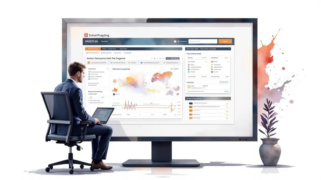 Man analyzing network security data on a laptop with a large monitor displaying a dashboard.