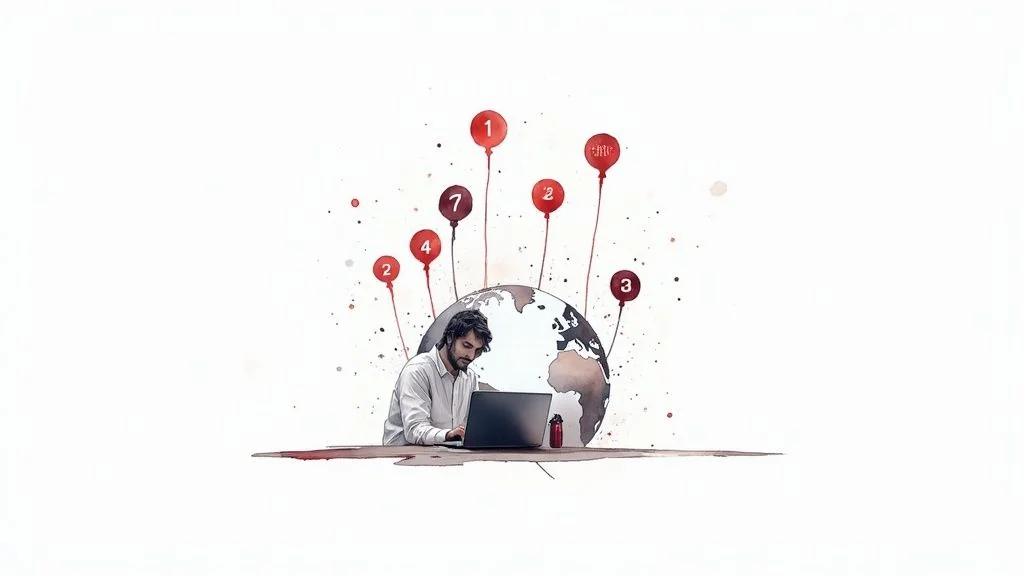 A person working on a laptop with a global network illustrated by numbered red balloons.