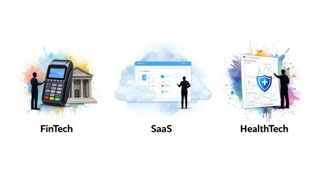 Digital illustrations showcasing key concepts and elements for FinTech, SaaS, and HealthTech industries.