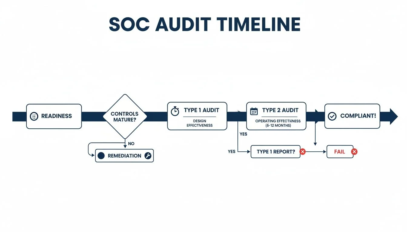 Flowchart detailing the SOC audit timeline, including readiness, controls, audits, and compliance.