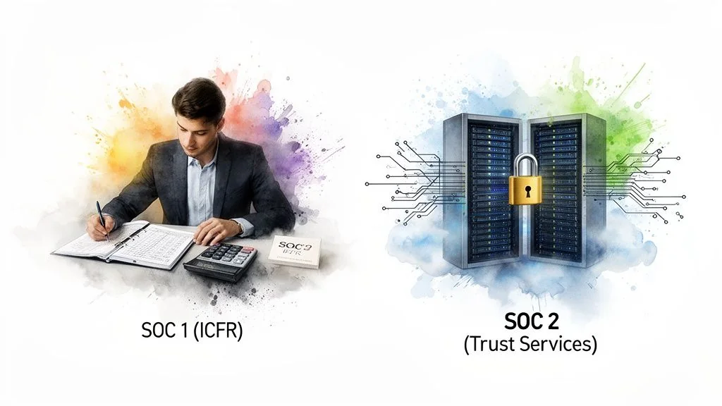 Visual comparison of SOC 1 (ICFR) represented by a person doing accounting, and SOC 2 (Trust Services) with servers and a padlock.
