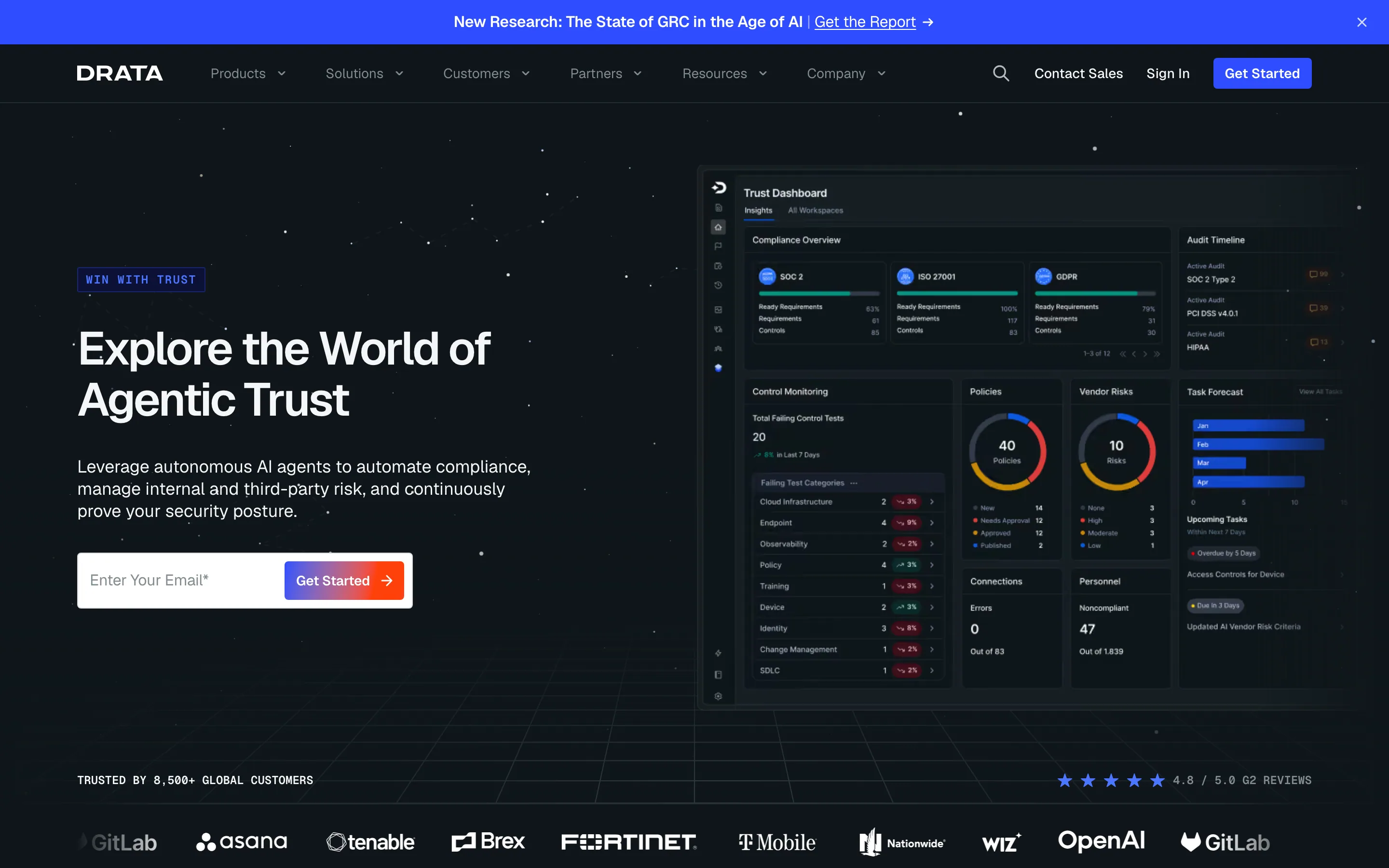 Drata homepage, with the headline Explore the World of Agentic Trust and a Trust Dashboard product preview.