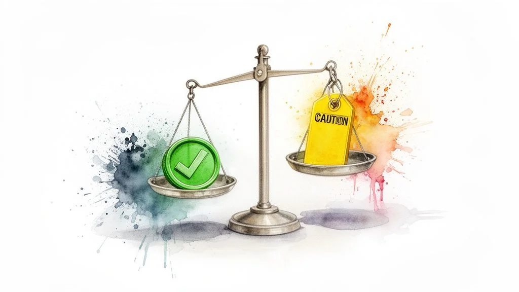 A balance scale weighing a green checkmark against a yellow 'CAUTION' tag, with watercolor splashes.