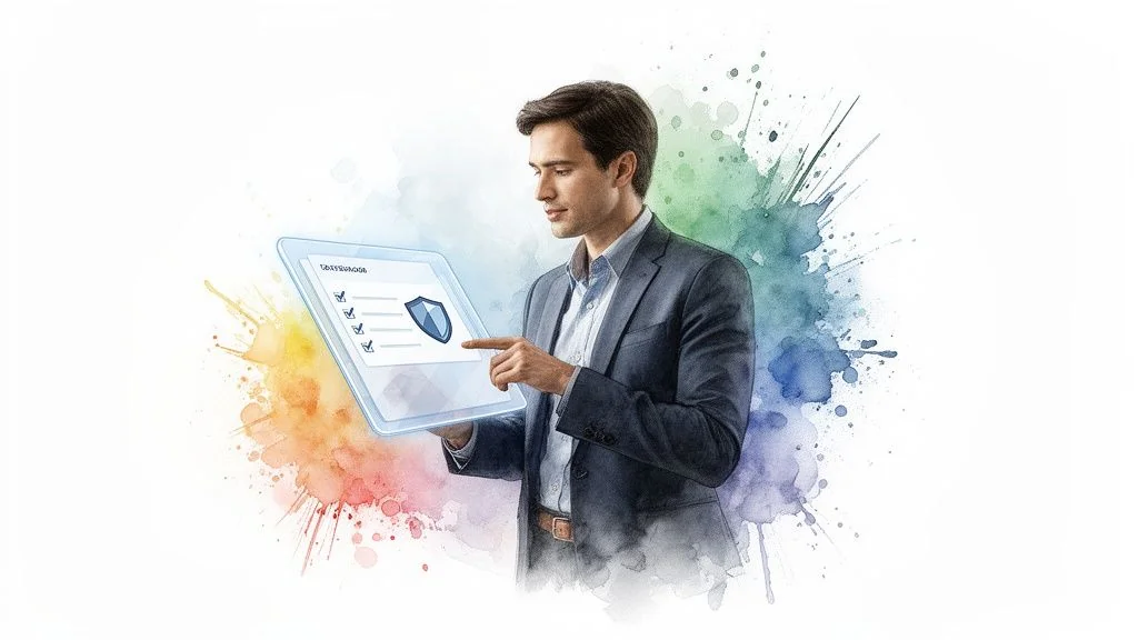 Businessman interacting with a transparent tablet displaying a security checklist and shield icon.