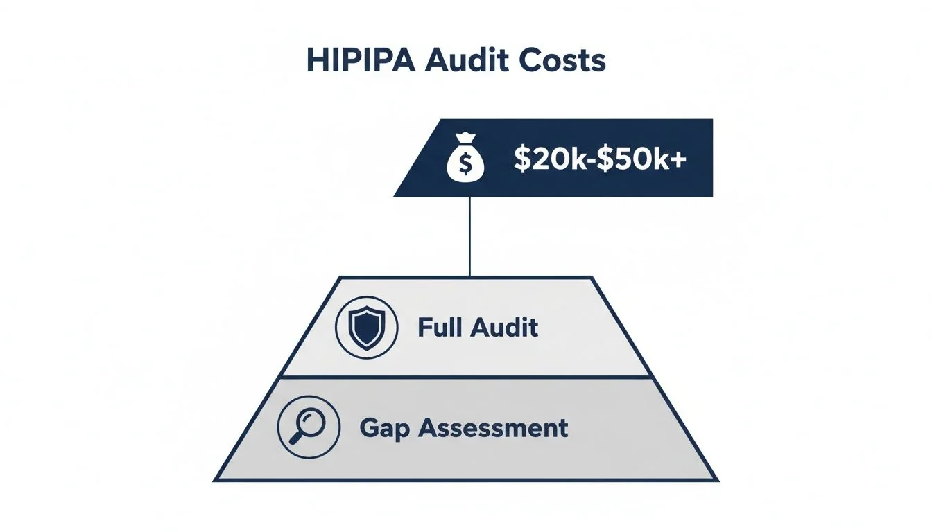 HIPIPA audit cost breakdown, illustrating $20k-$50k+ for full audits and gap assessments.