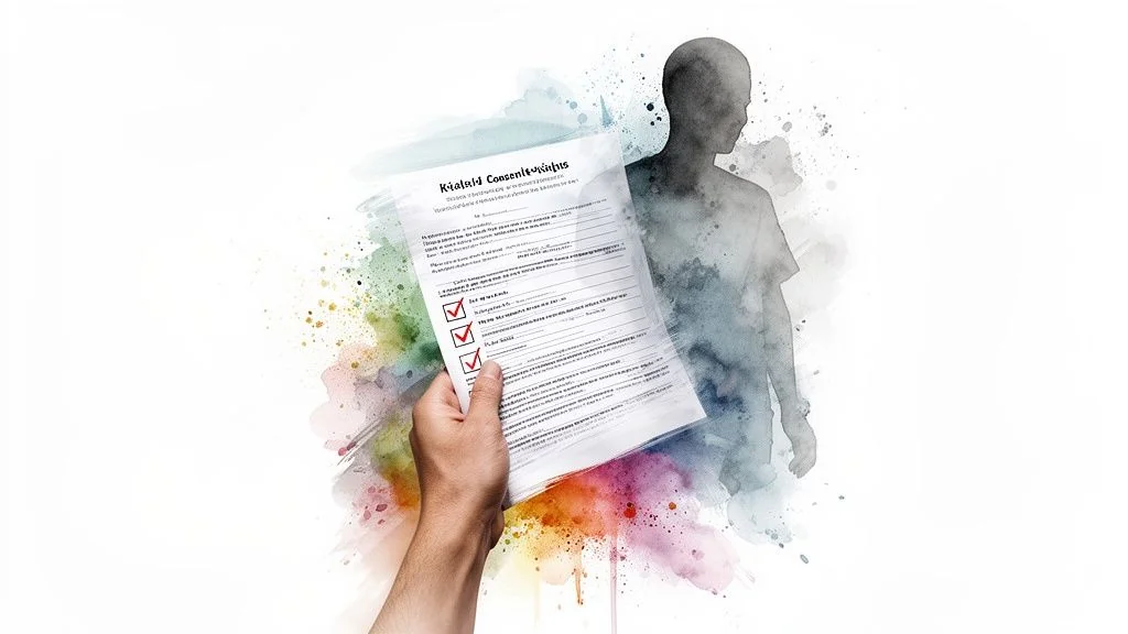 Hand holding a medical consent form with checkmarks, and a watercolor silhouette of a person.