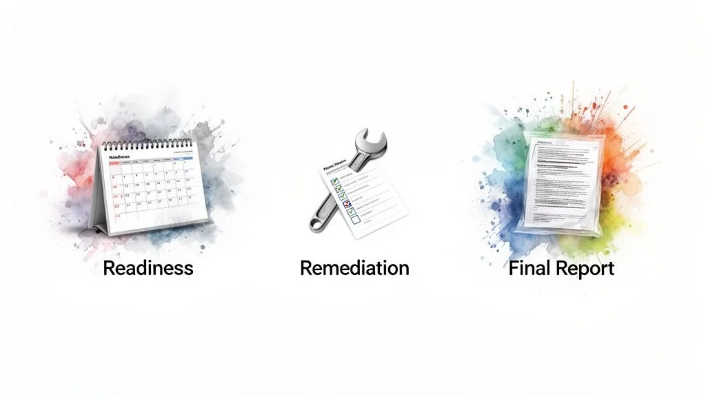 Three stages of an audit process: Readiness (calendar), Remediation (wrench, checklist), and Final Report (document).