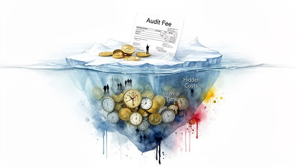 Iceberg illustration showing an 'Audit Fee' document above water and 'Hidden Costs' with 'Internal Time' below.