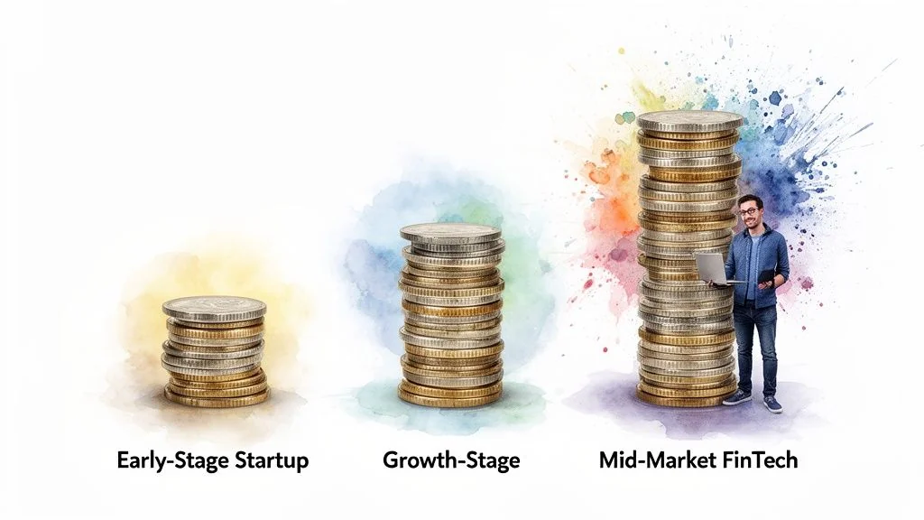 Three increasing stacks of coins representing early-stage, growth-stage, and mid-market FinTech companies with a person.