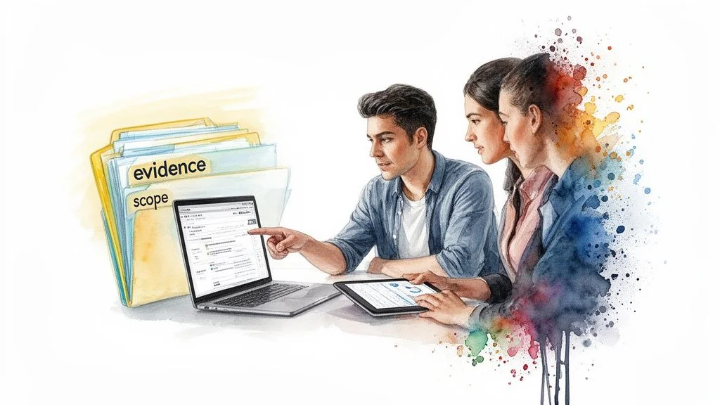 Three people reviewing digital documents on a laptop and tablet, with folders labeled 'evidence' and 'scope'.