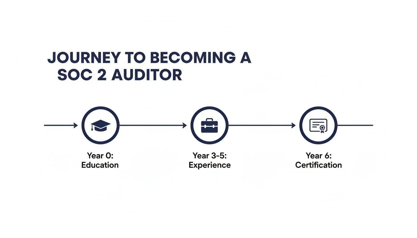 A step-by-step timeline illustrating the journey to becoming a SOC 2 auditor, detailing education, experience, and certification.