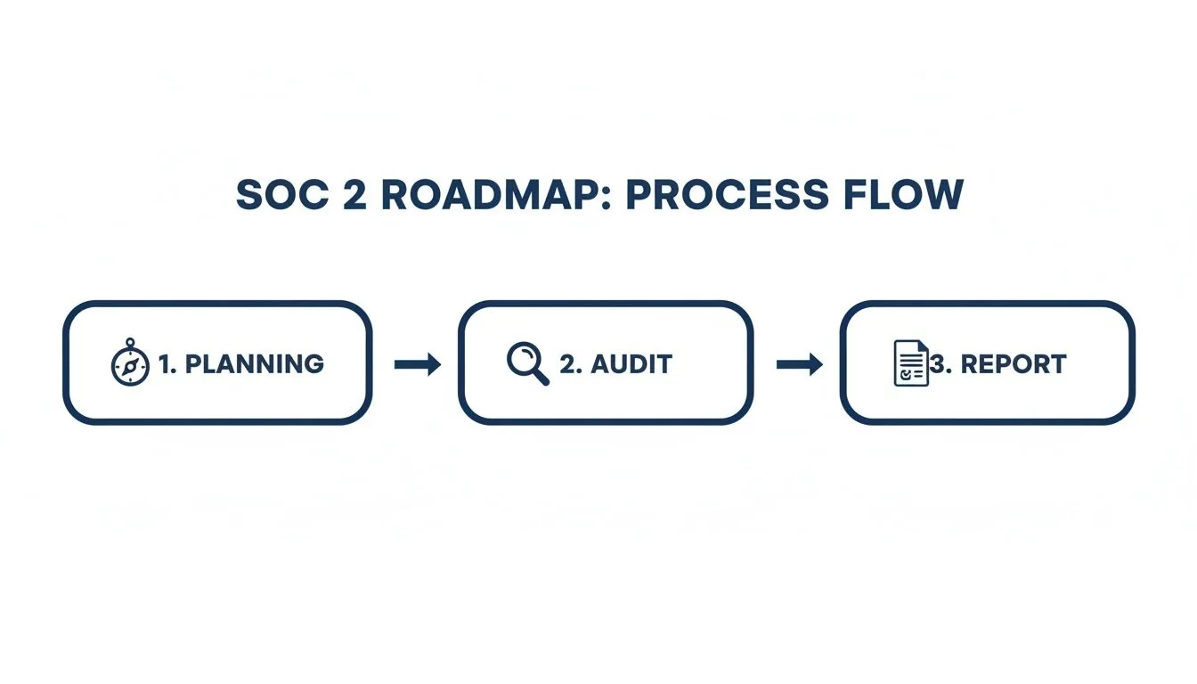 A SOC 2 roadmap outlining the three-step process: planning, audit, and report, connected by arrows.