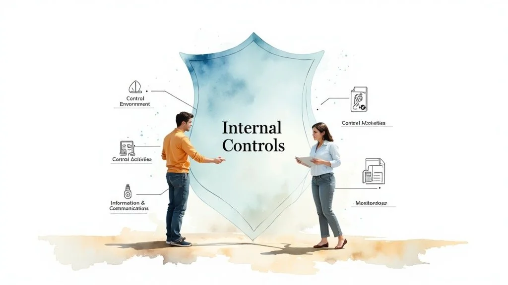 A visual representation of internal controls, featuring two individuals, a central shield, and surrounding components.