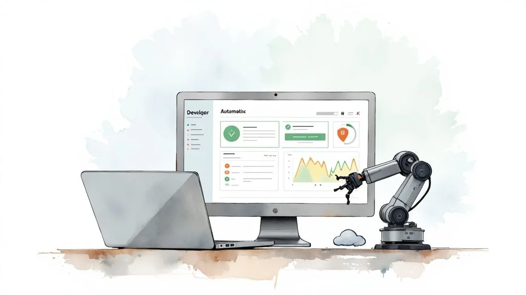 Watercolor illustration of a computer monitor showing a dashboard, a laptop, and a robotic arm interacting with the screen.