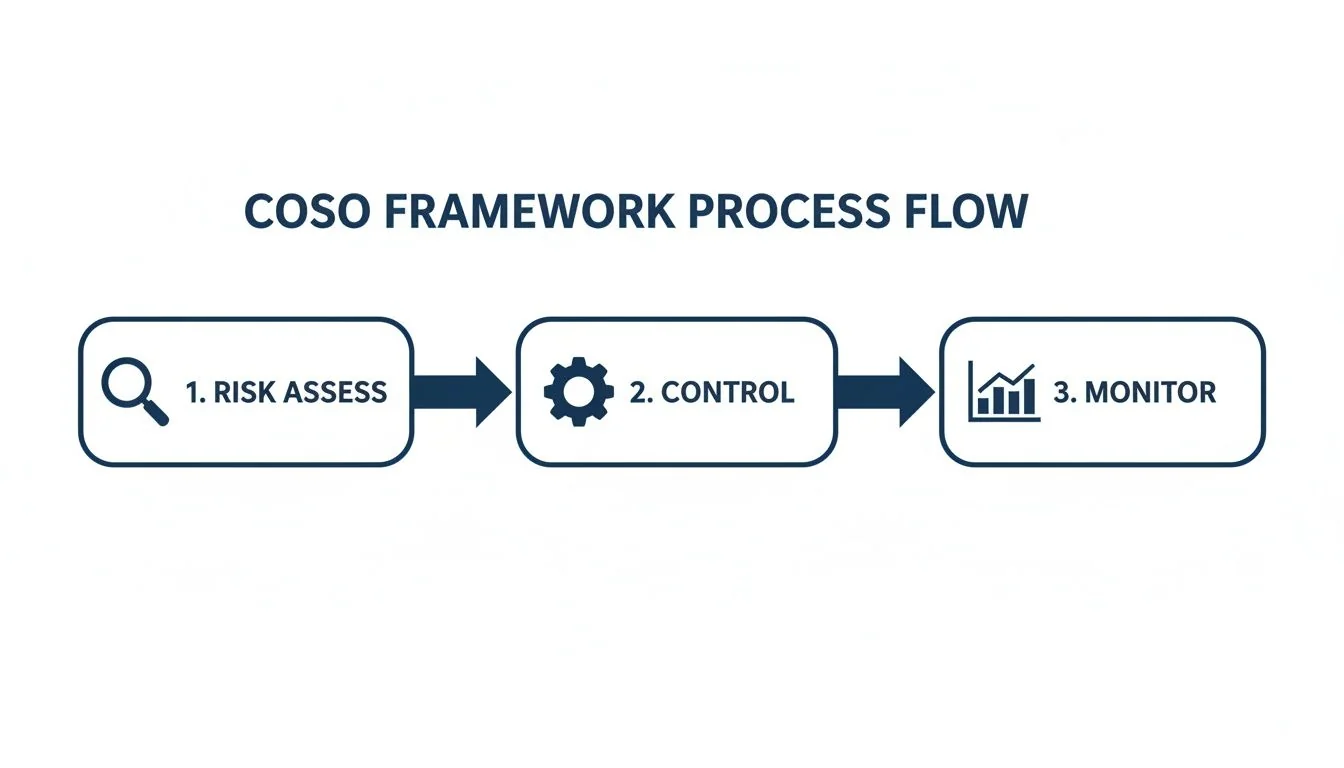 COSO framework process flow illustrating risk assessment, control implementation, and continuous monitoring stages.