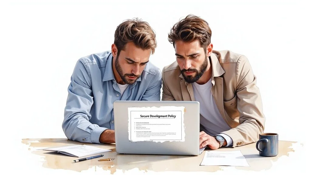 Two focused men review a 'Secure Development Policy' on a laptop, discussing cybersecurity measures.