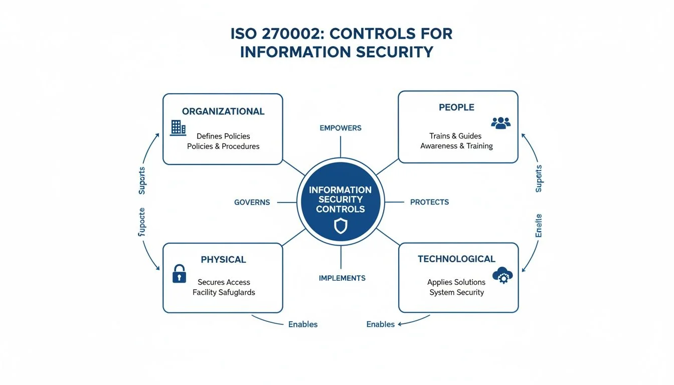 Diagram illustrating ISO 27002 information security controls across organizational, people, physical, and technological domains.
