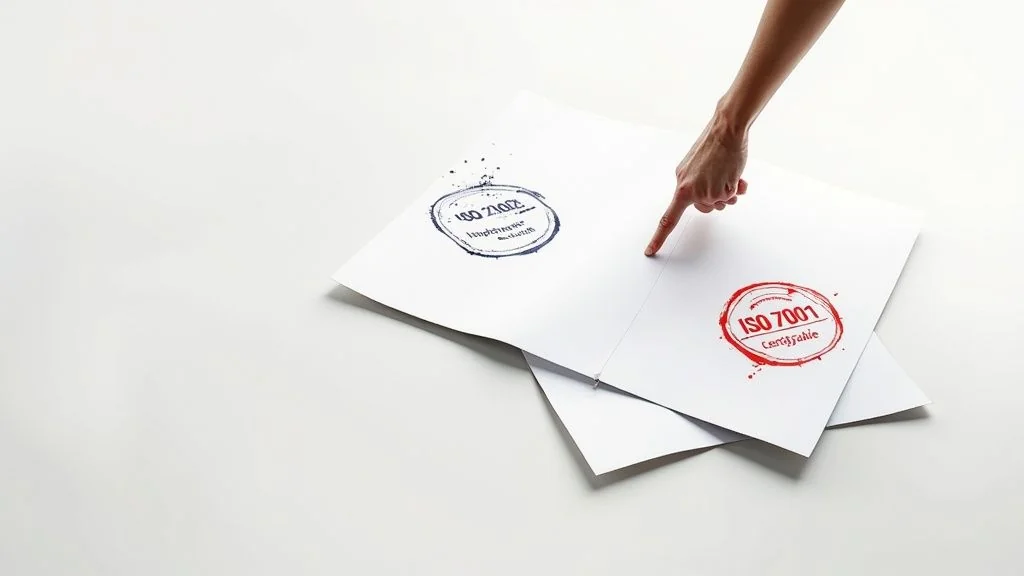 A hand points at documents displaying stamps for ISO 27002 (implementable) and ISO 27001 (certifiable).