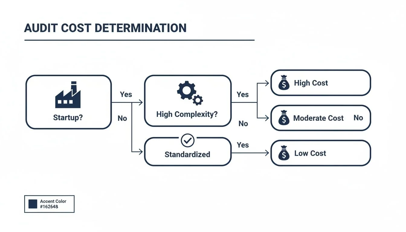 A flowchart titled 'Audit Cost Determination' showing decision paths based on startup status and complexity.