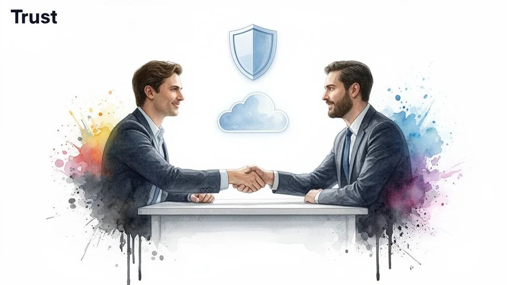 Watercolor illustration of two men shaking hands, with cloud and shield icons, representing trust in IT audit.