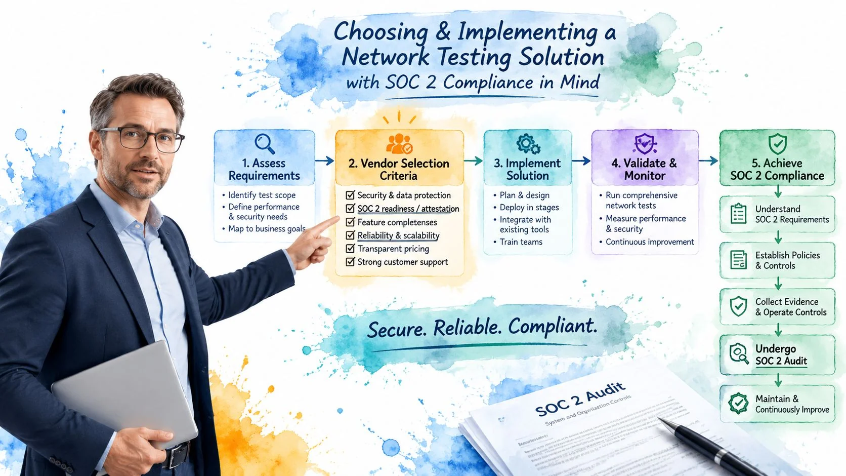 A professional man presents a five-step guide to choosing network testing solutions with SOC 2 compliance goals.