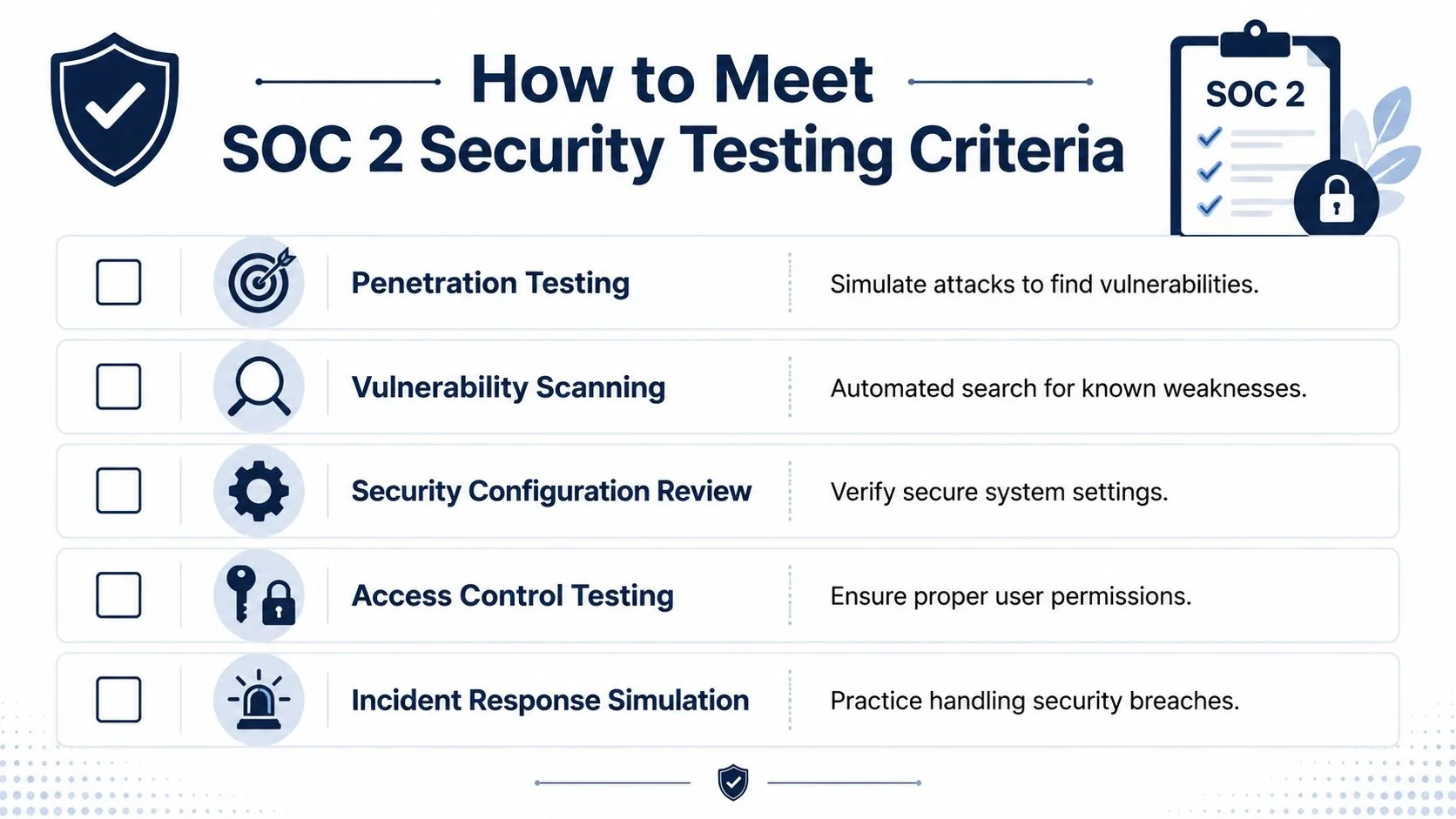 A checklist infographic titled How to Meet SOC 2 Security Testing Criteria showing five essential security procedures.