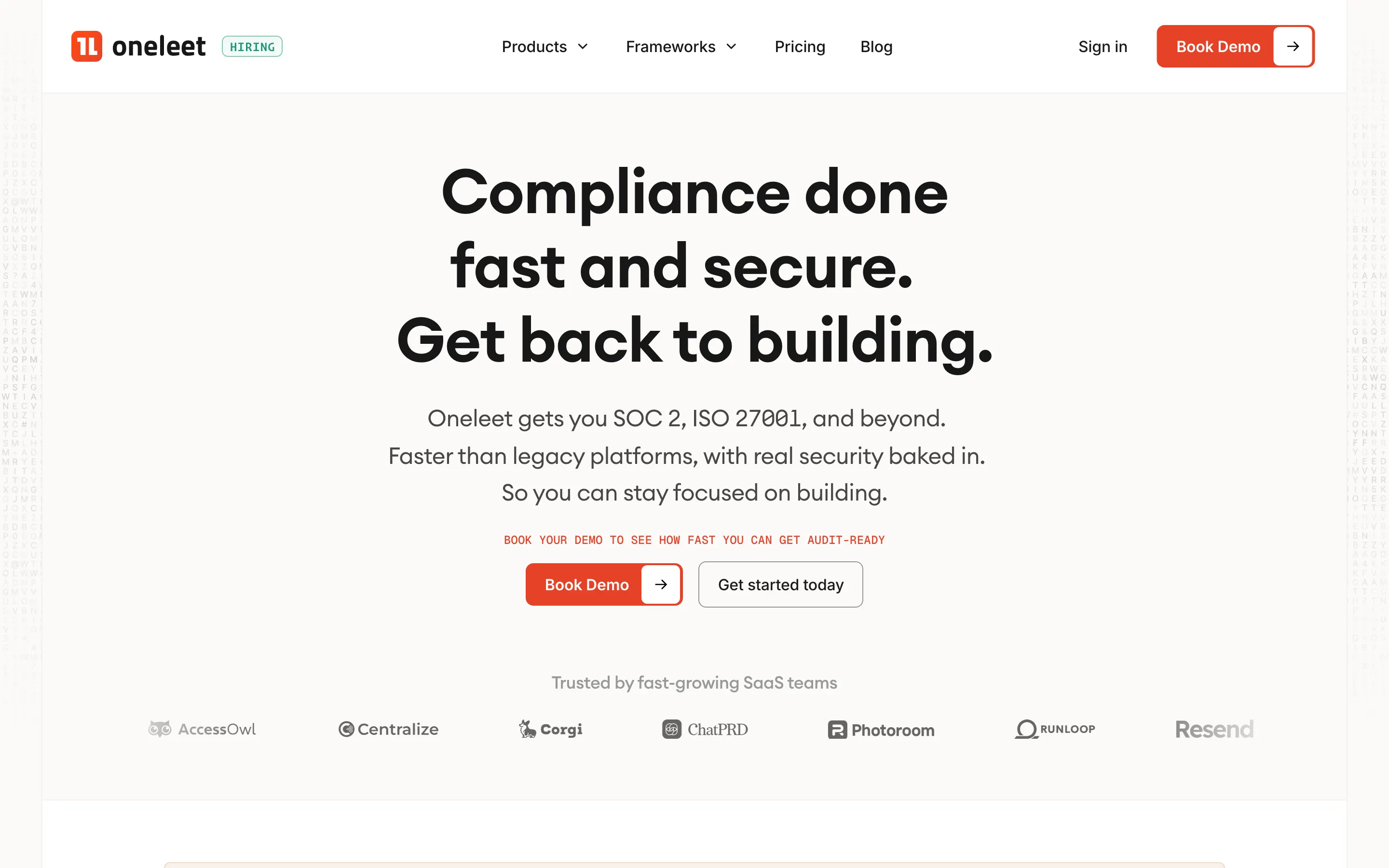 Oneleet homepage, with the headline Compliance done fast and secure. Get back to building. and a Book Demo call to action.