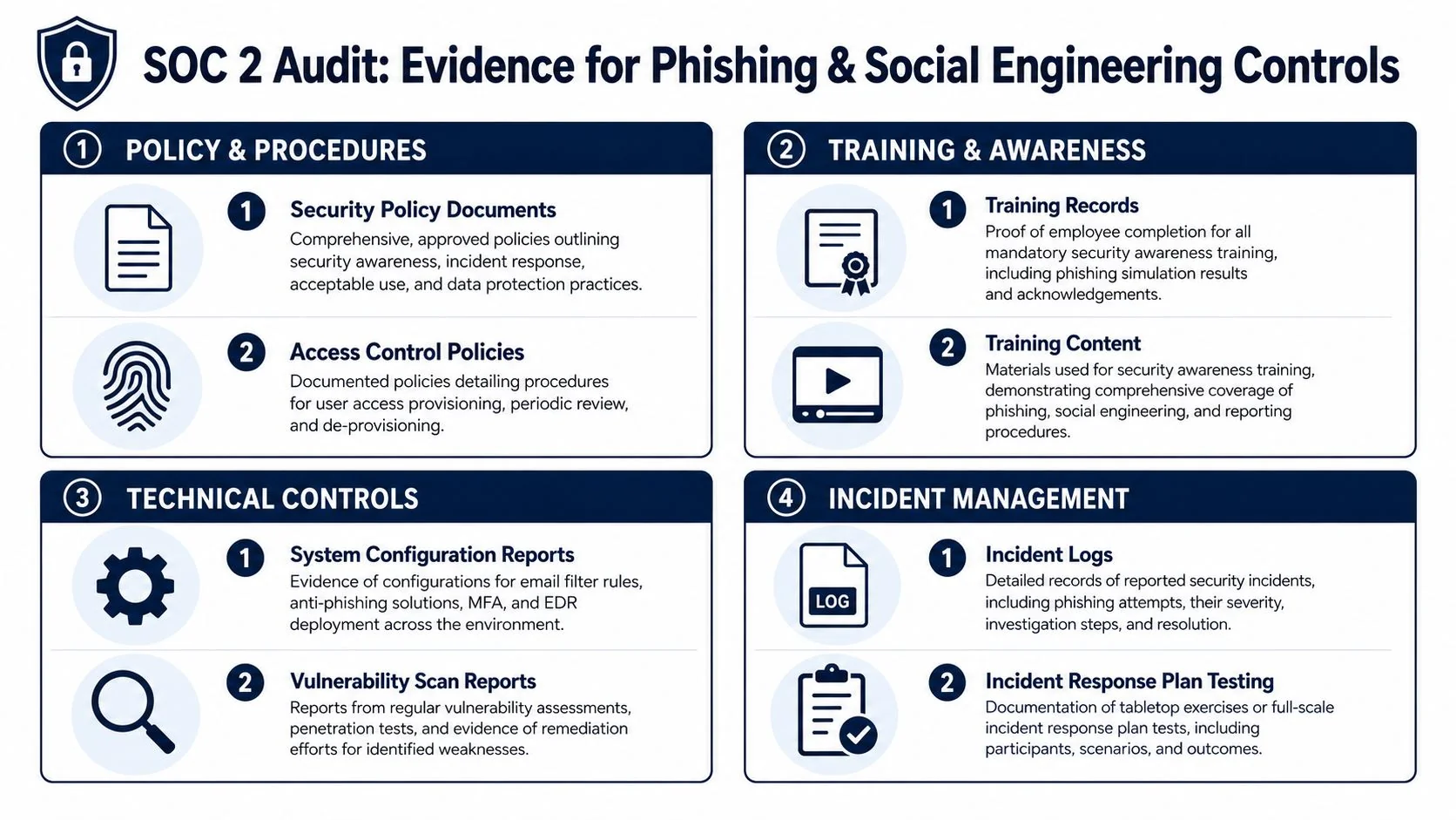 A structured infographic outlining the four key categories of evidence required for a SOC 2 audit on phishing controls.