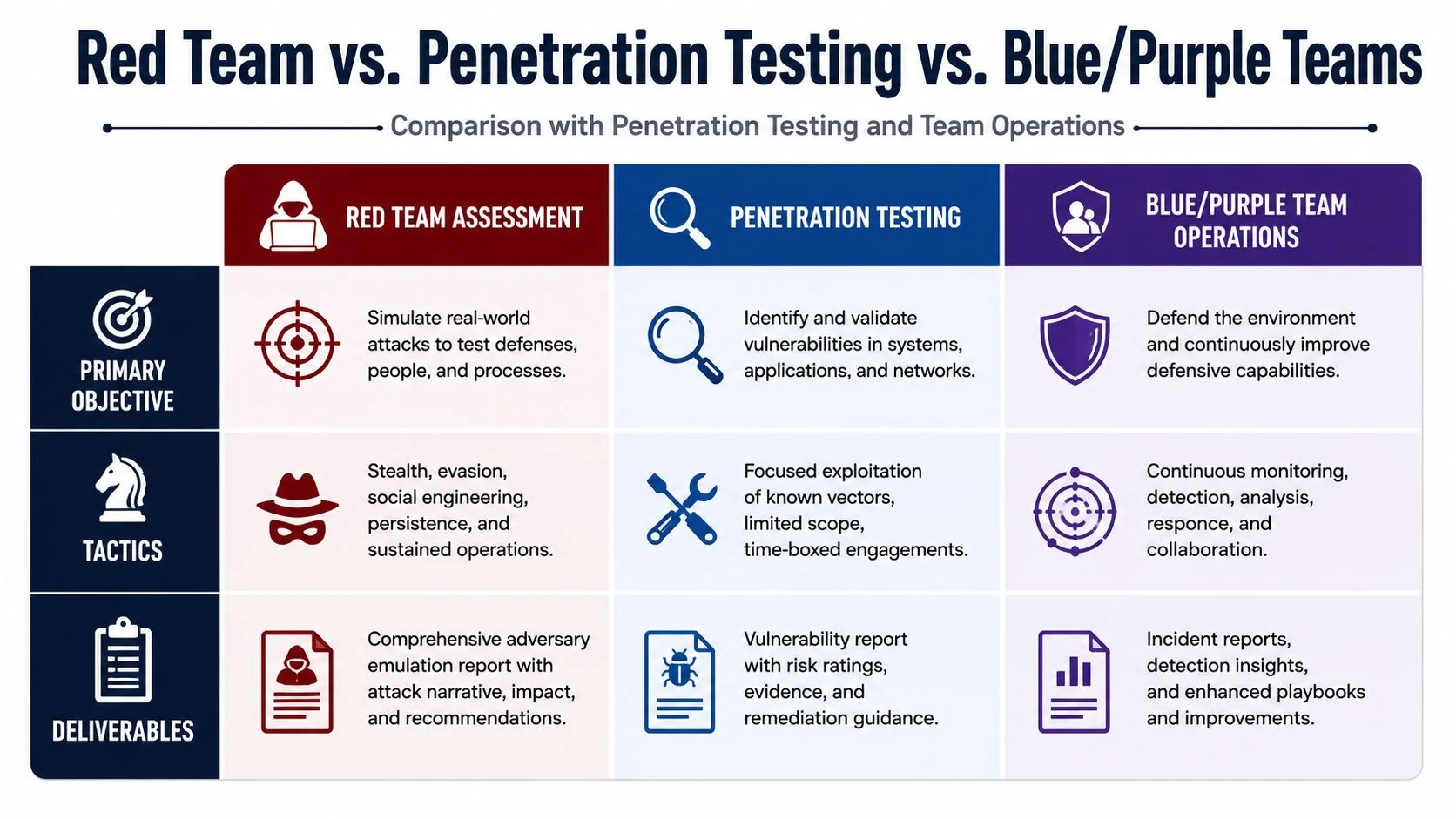 A comparison chart outlining the differences between red team assessment, penetration testing, and blue or purple team operations.