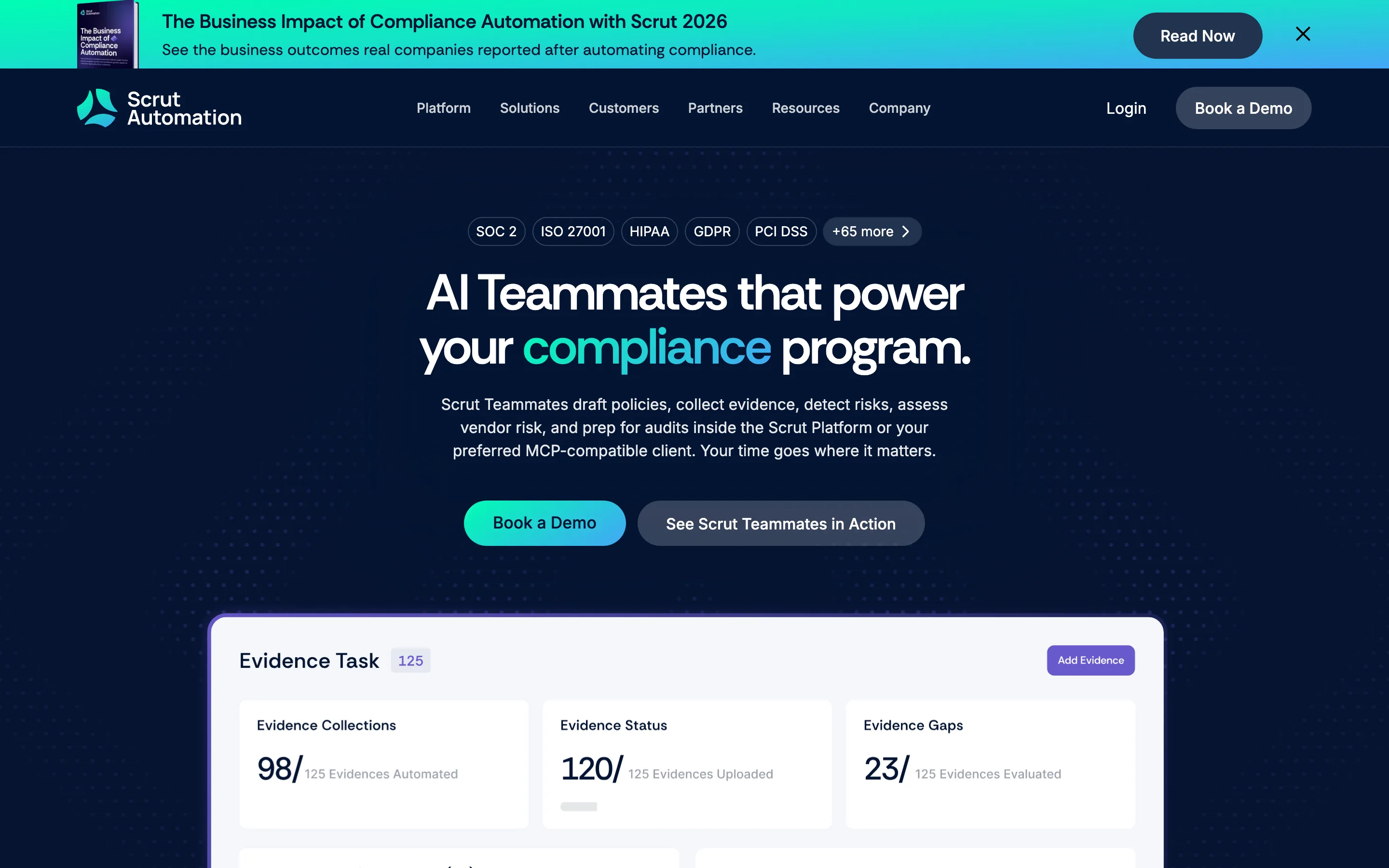 Scrut Automation homepage, with the headline AI Teammates that power your compliance program.