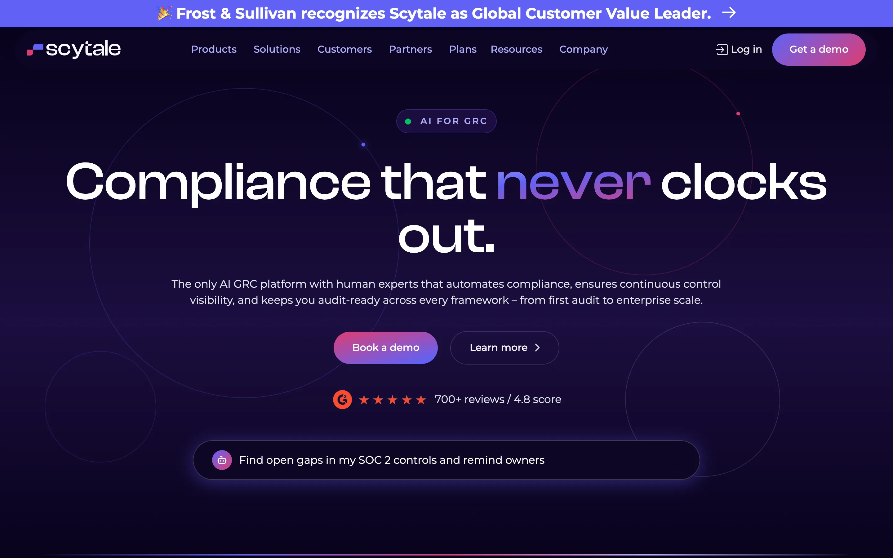 Scytale homepage, with the headline Compliance that never clocks out and a Book a Demo call to action.