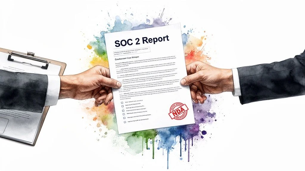 Two hands exchanging a SOC 2 Report document with an NDA stamp against a colorful watercolor background.