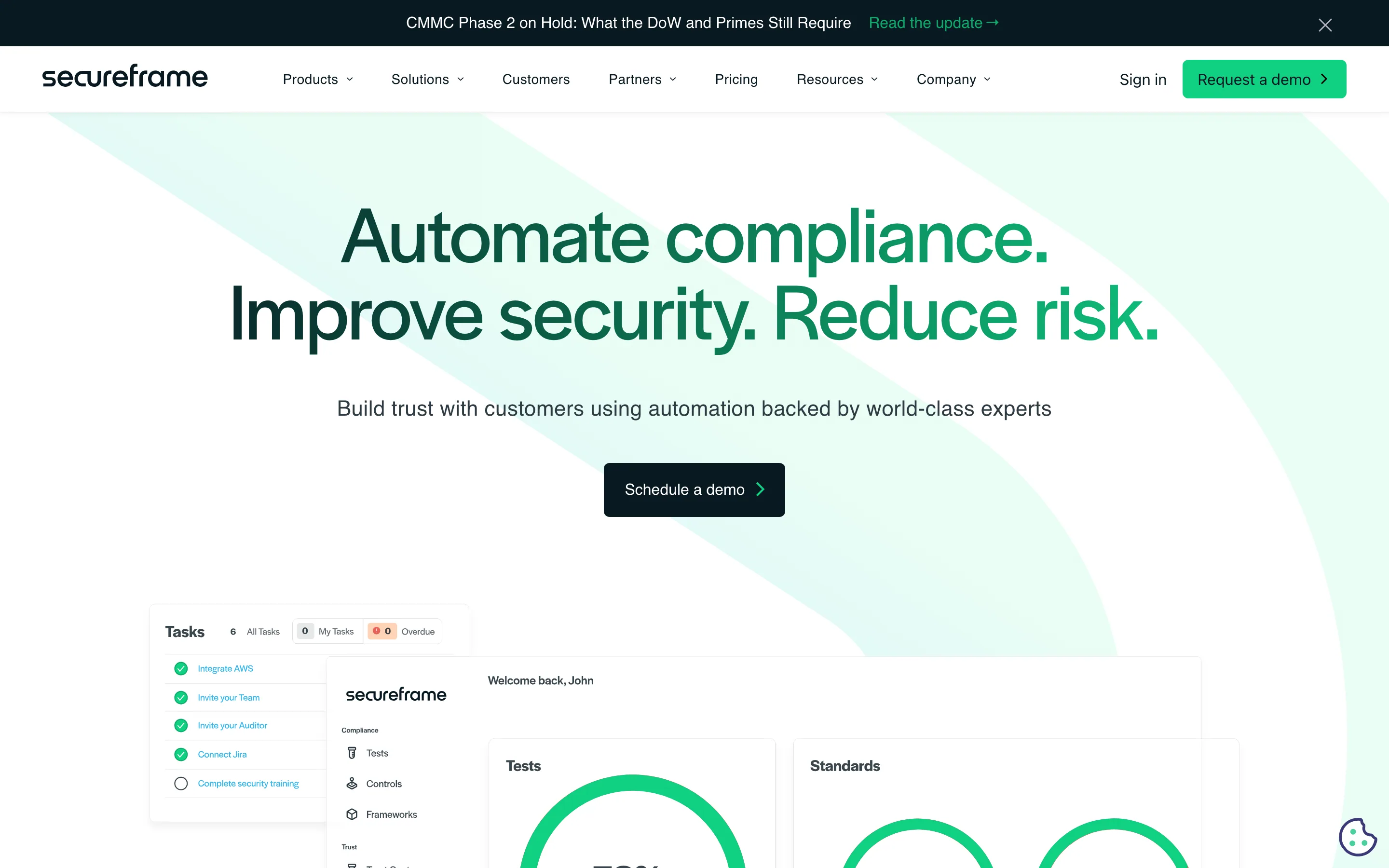 Secureframe homepage, with the headline Automate compliance. Improve security. Reduce risk. and a product dashboard preview.