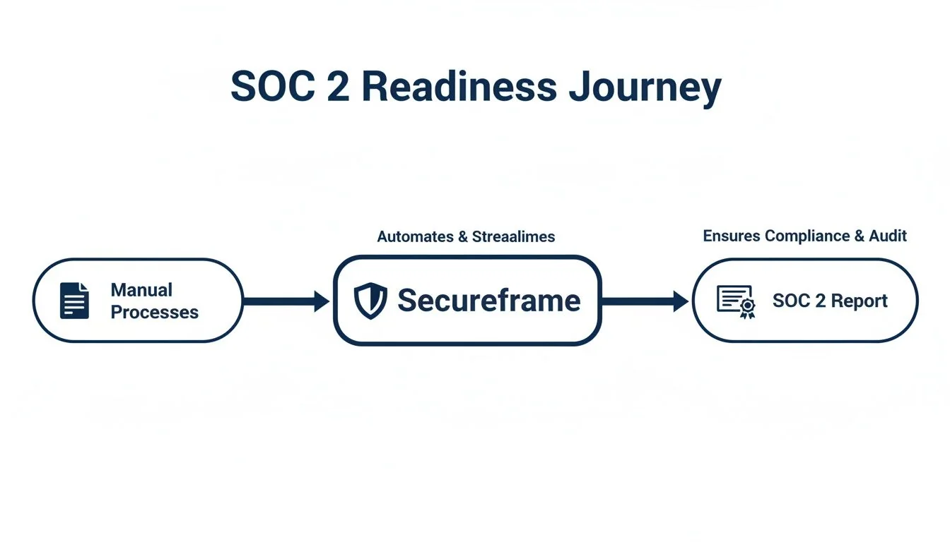 Flowchart illustrating the SOC 2 readiness journey from manual processes to a clean SOC 2 report via a compliance platform.