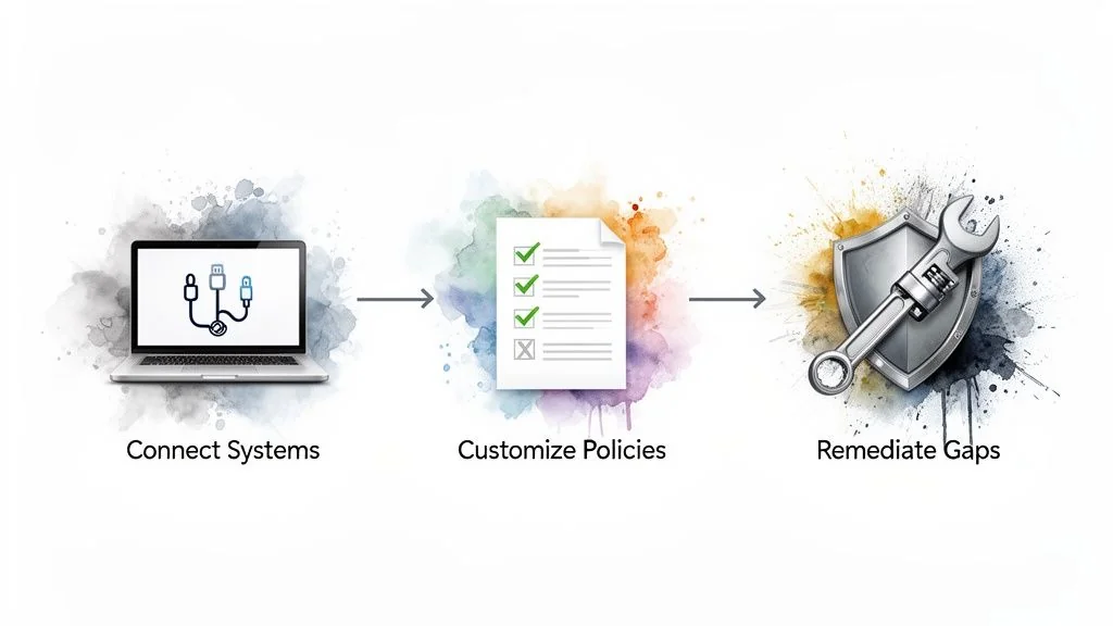 A three-step process diagram illustrating system connection, policy customization, and gap remediation for security compliance.