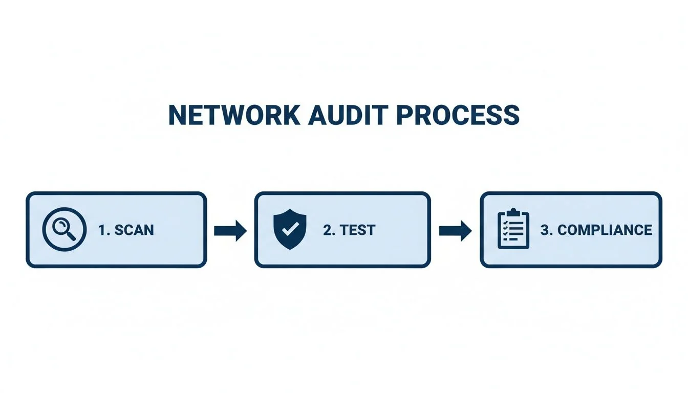 A network audit process flowchart illustrating steps for security, including scan, test, and compliance.