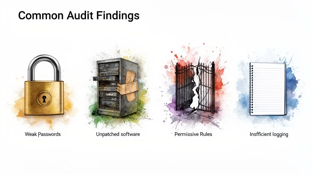 Illustrations highlight common security audit findings: weak passwords, unpatched software, permissive rules, and insufficient logging.