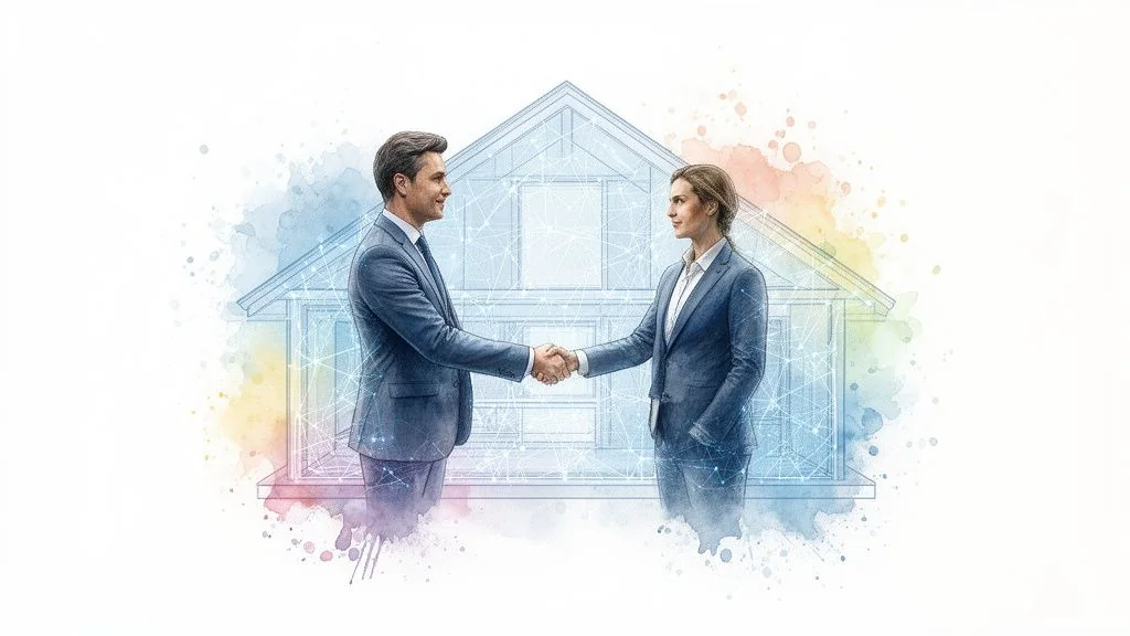 Two business professionals shaking hands in front of a wireframe house with network connections.