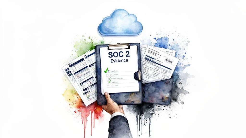 A hand holds a clipboard with 'SOC 2 Evidence' surrounded by various documents and a cloud icon.