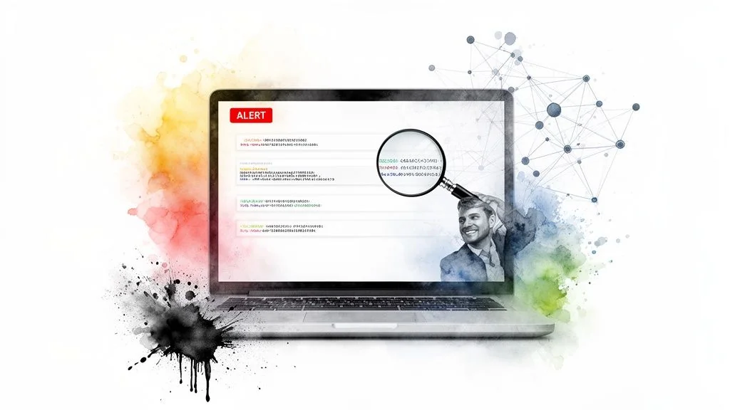 Man examining data on a laptop screen with a magnifying glass, showing a security alert.