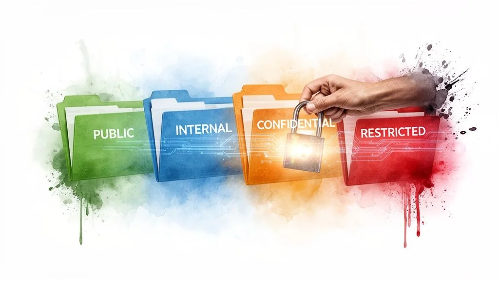 Data classification folders (public, internal, confidential, restricted) with a padlock for enhanced security.