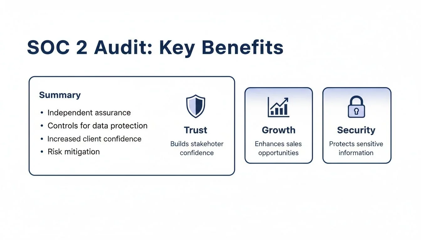 Key benefits of a SOC 2 Audit, highlighting summary points, trust, growth, and security for stakeholders.