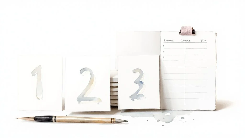 Three watercolor cards with numbers 1, 2, 3, a pen, and a handwritten list on white.