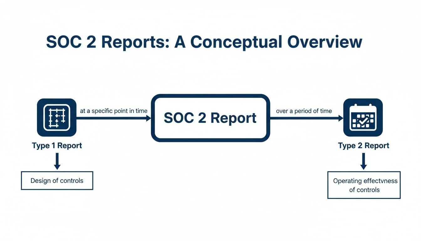 Conceptual overview of SOC 2 reports, differentiating between Type 1 design at a point in time and Type 2 operating effectiveness over time.