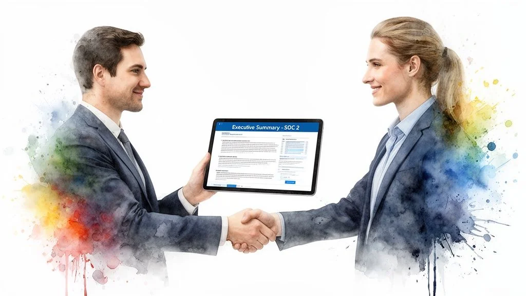 Two business people shaking hands, reviewing an 'Executive Summary - SOC 2' report on a tablet.