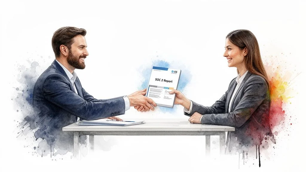 Two business professionals shaking hands and exchanging a SOC 2 Report across a table.