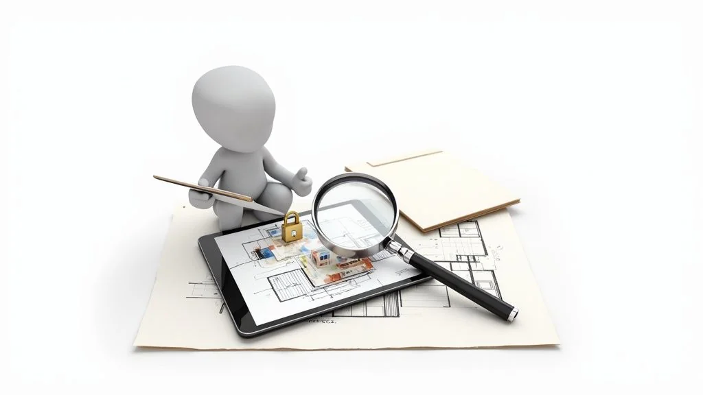 A 3D figure inspects a house blueprint on a tablet with a magnifying glass and padlock.